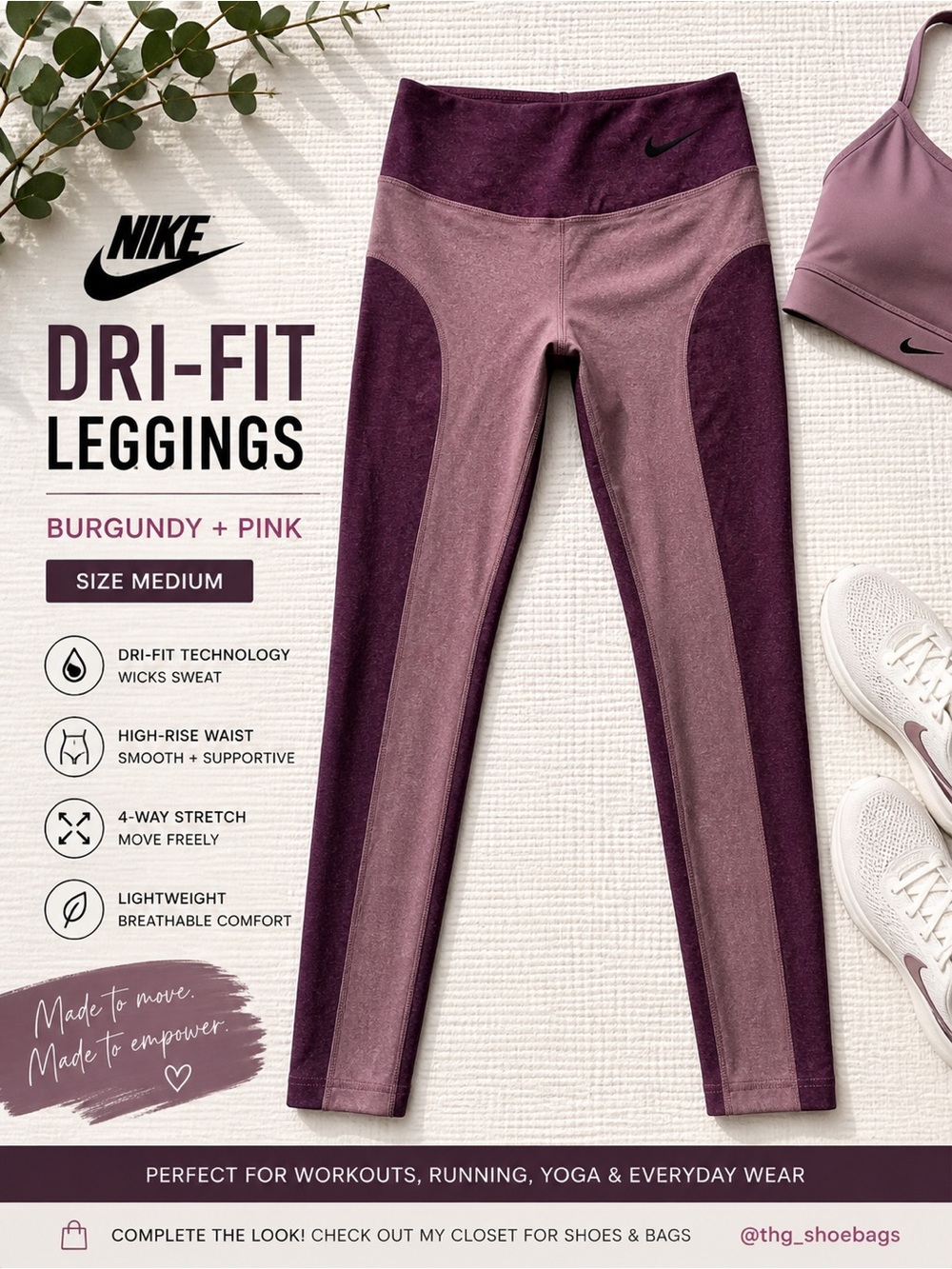 Nike Dri-FIT Colorblock Leggings M Burgundy Pink High Rise Athleisure